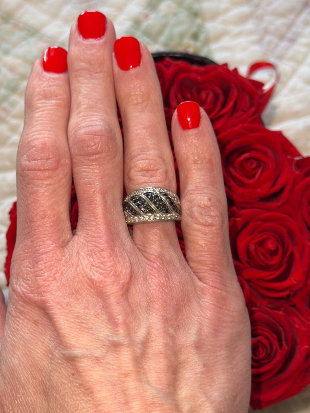 Sterling Silver 925 Black & White diamond Statement Ring Wide Band Cocktail Ring - Picture 8 of 11
